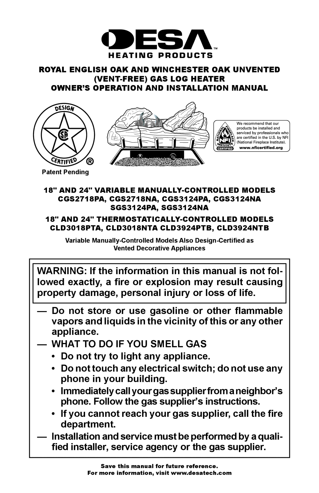 Desa installation manual Variable MANUALLY-CONTROLLED Models, Patent Pending 