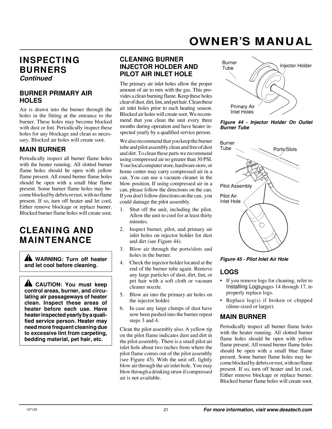 Desa CGD3924NT, CGD3930NT, CGD3018NT, CGB3924NT, CGB3930NT, CCL3018NT, CCL3924NT, CCL3930NT Cleaning and Maintenance, Logs 