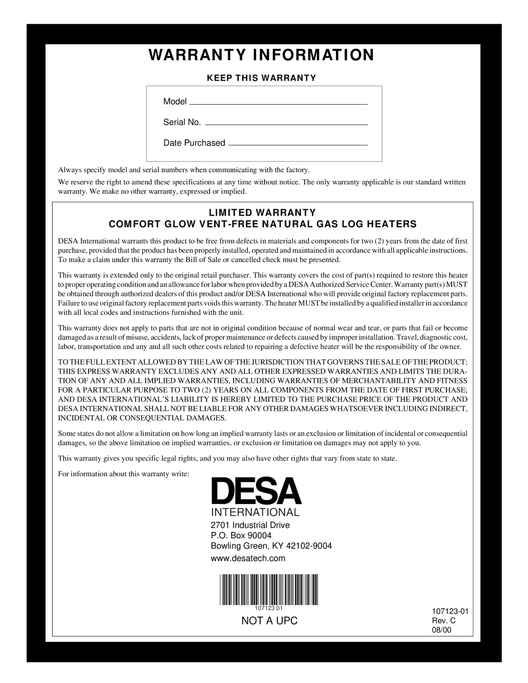 Desa CGD3924NT, CGD3930NT, CGD3018NT, CGB3924NT, CGB3930NT, CCL3018NT, CCL3924NT, CCL3930NT Warranty Information 