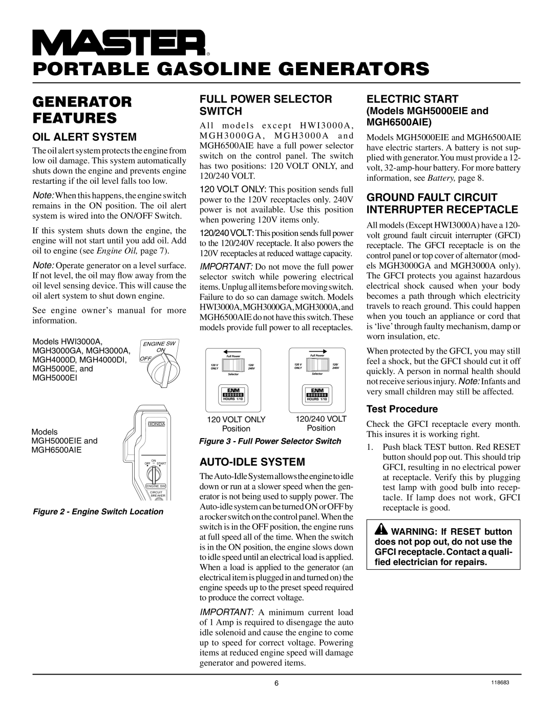 Desa Hwi3000a, Mgh3000ga, Mgh3000a, Mgh4000d, Mgh4000di, Mgh5000e, Mgh5000ei, Mgh5000eie, Mgh6500aie Generator Features 