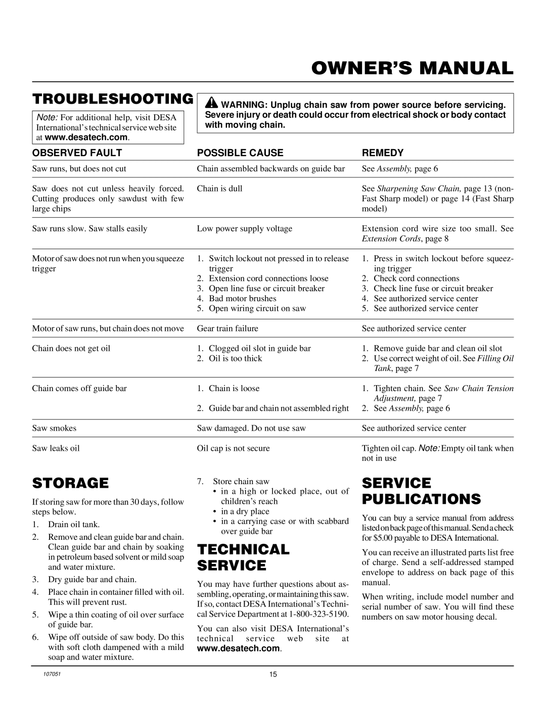 Desa owner manual Troubleshooting, Storage, Technical Service, Service Publications 