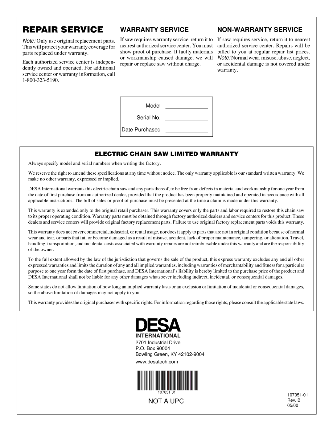 Desa owner manual Repair Service, Warranty Service NON-WARRANTY Service 