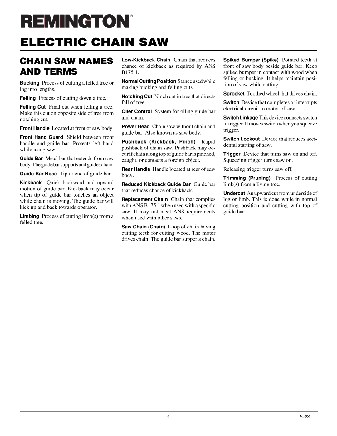 Desa owner manual Chain SAW Names and Terms, Rear Handle Handle located at rear of saw body 