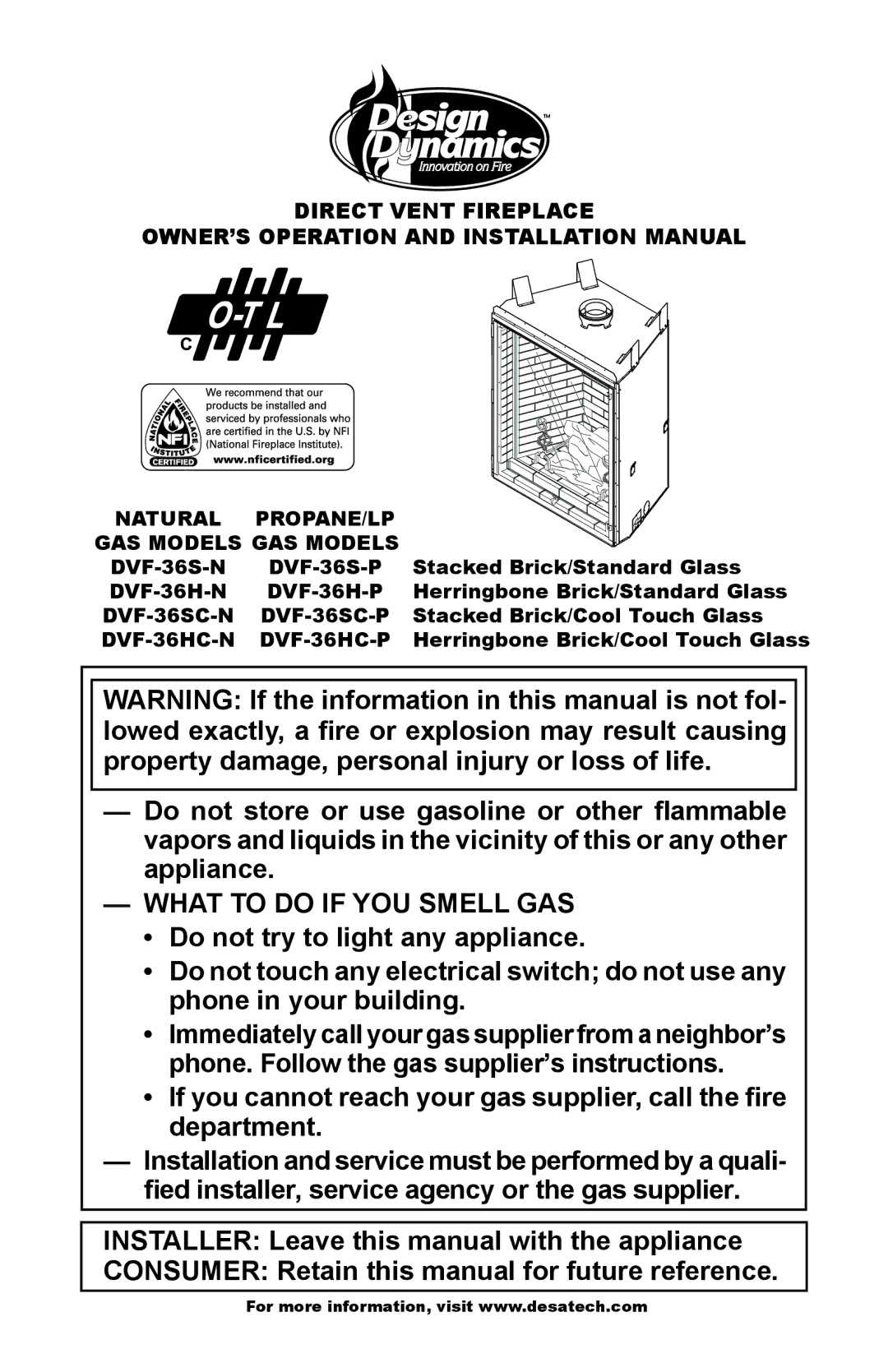 Design Dynamics DVF-36S-N installation manual Natural, Propane/LP Gas Models Gas Models, Stacked Brick/Standard Glass 