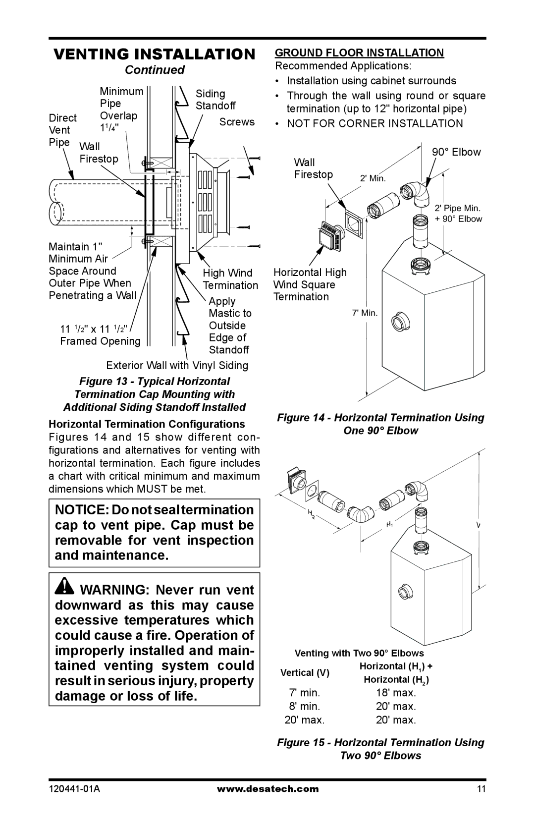 Design Dynamics DVF-36S-N installation manual Elbow Wall Firestop, Horizontal High Wind Square Termination, Max max max 