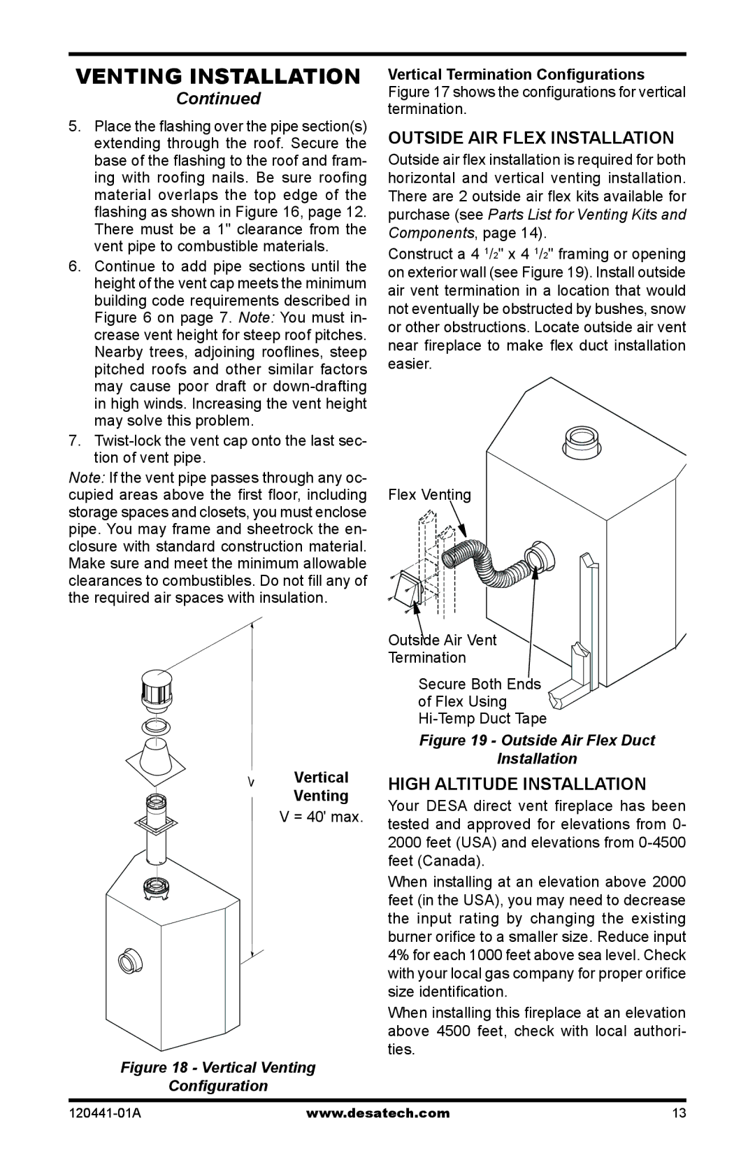 Design Dynamics DVF-36S-N Outside Air Flex Installation, High Altitude Installation, Vertical Venting, = 40 max 