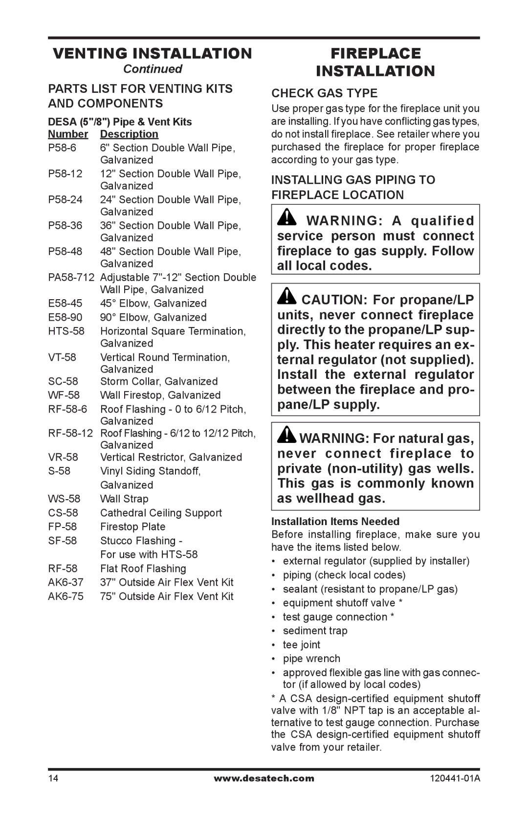 Design Dynamics DVF-36S-N Fireplace Installation, Parts list for venting kits and components, Check GAS Type 