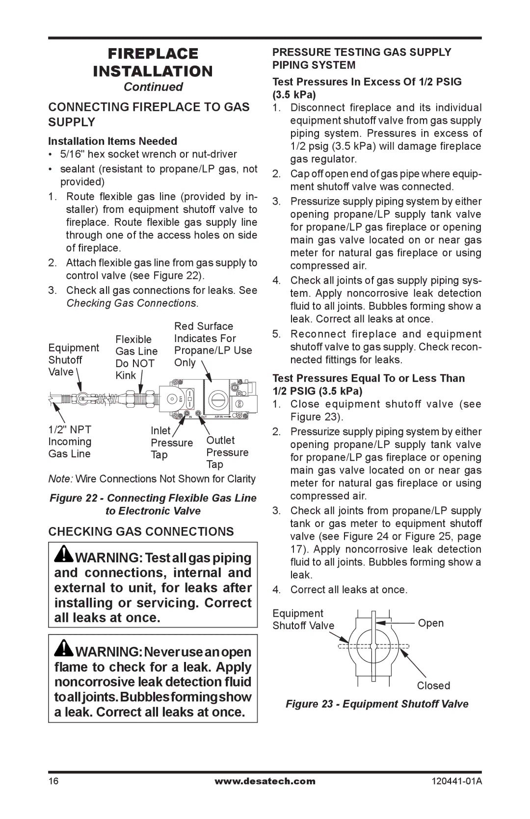 Design Dynamics DVF-36S-N installation manual Connecting Fireplace to GAS Supply, Checking GAS Connections 