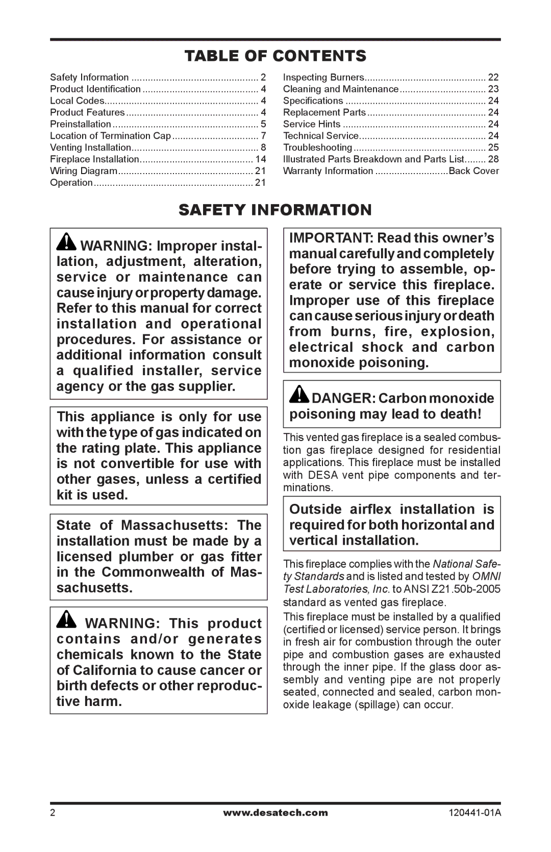 Design Dynamics DVF-36S-N installation manual Table of Contents, Safety Information 