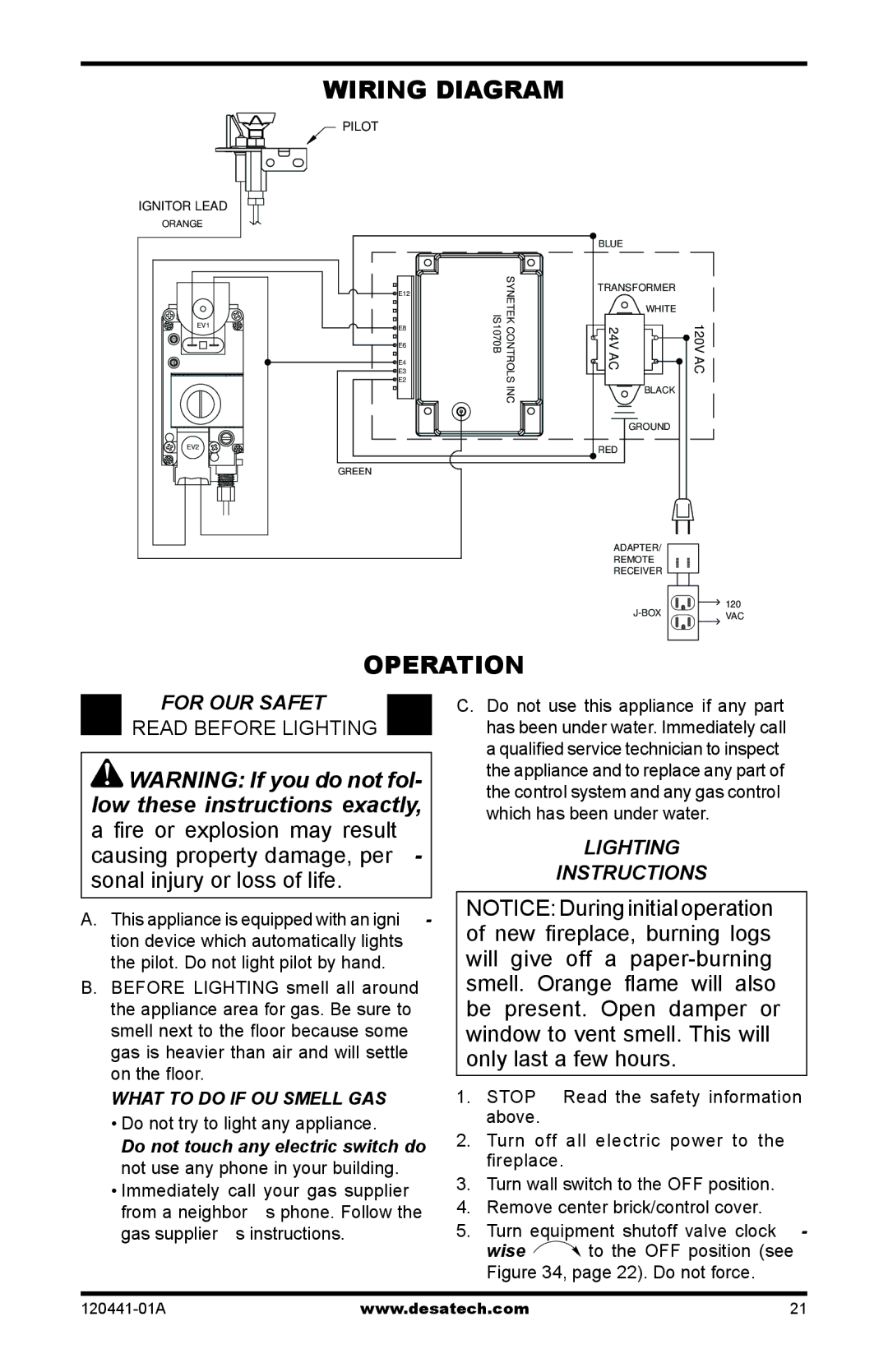 Design Dynamics DVF-36S-N Wiring Diagram, Operation, For your safety Read before lighting, Lighting Instructions 