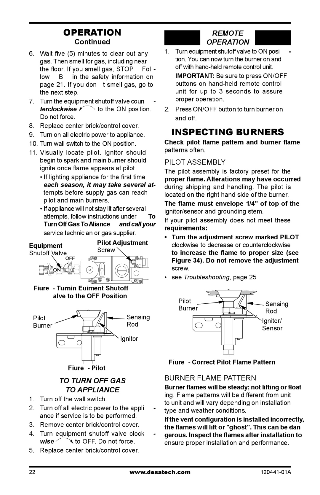 Design Dynamics DVF-36S-N Inspecting Burners, To Turn OFF GAS To Appliance, Remote Operation, Pilot Assembly 