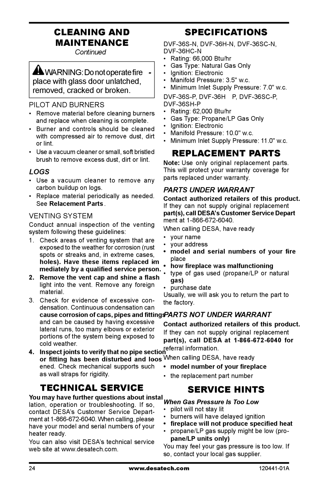 Design Dynamics DVF-36S-N installation manual Technical Service, Specifications, Replacement Parts, Service Hints 