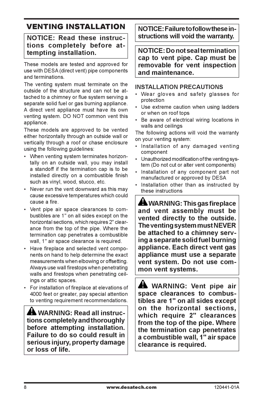 Design Dynamics DVF-36S-N installation manual Venting Installation, Installation Precautions 