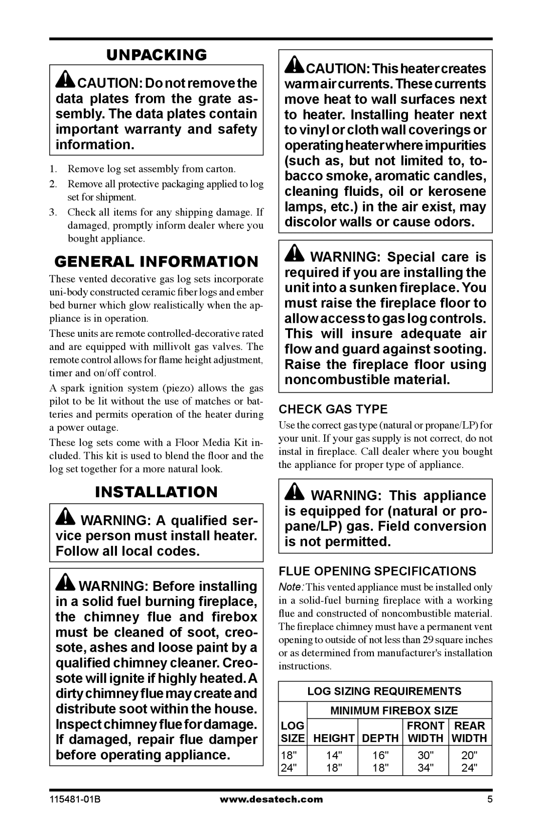 Design Dynamics HCA-24-RFP Unpacking, General Information, Installation, Check GAS Type, Flue Opening Specifications 