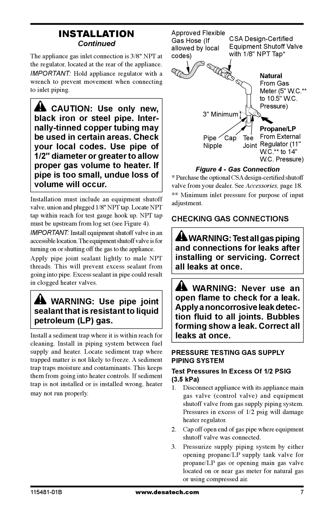 Design Dynamics HCM-24-RFN Checking GAS Connections, Natural From Gas Meter 5 W.C.** to 10.5 W.C. Pressure, Propane/LP 