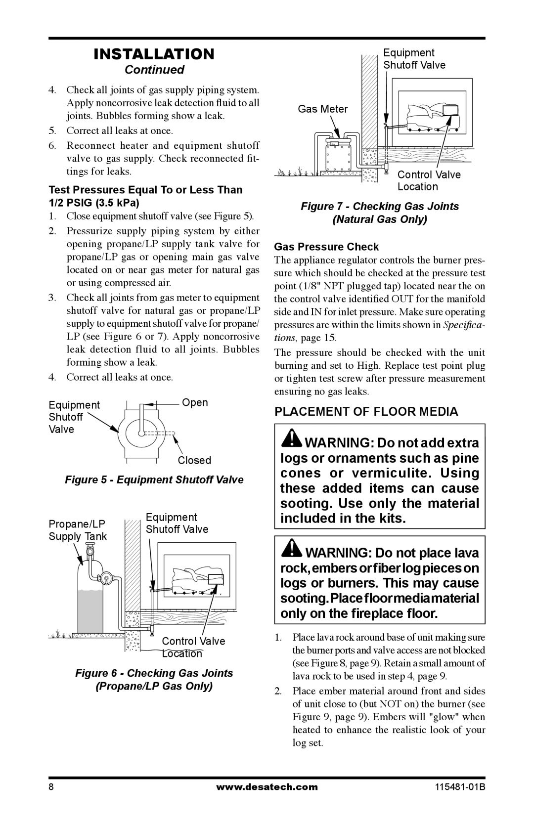 Design Dynamics HCA-18-RFP Placement of Floor Media, Test Pressures Equal To or Less Than 1/2 Psig 3.5 kPa, Log set 