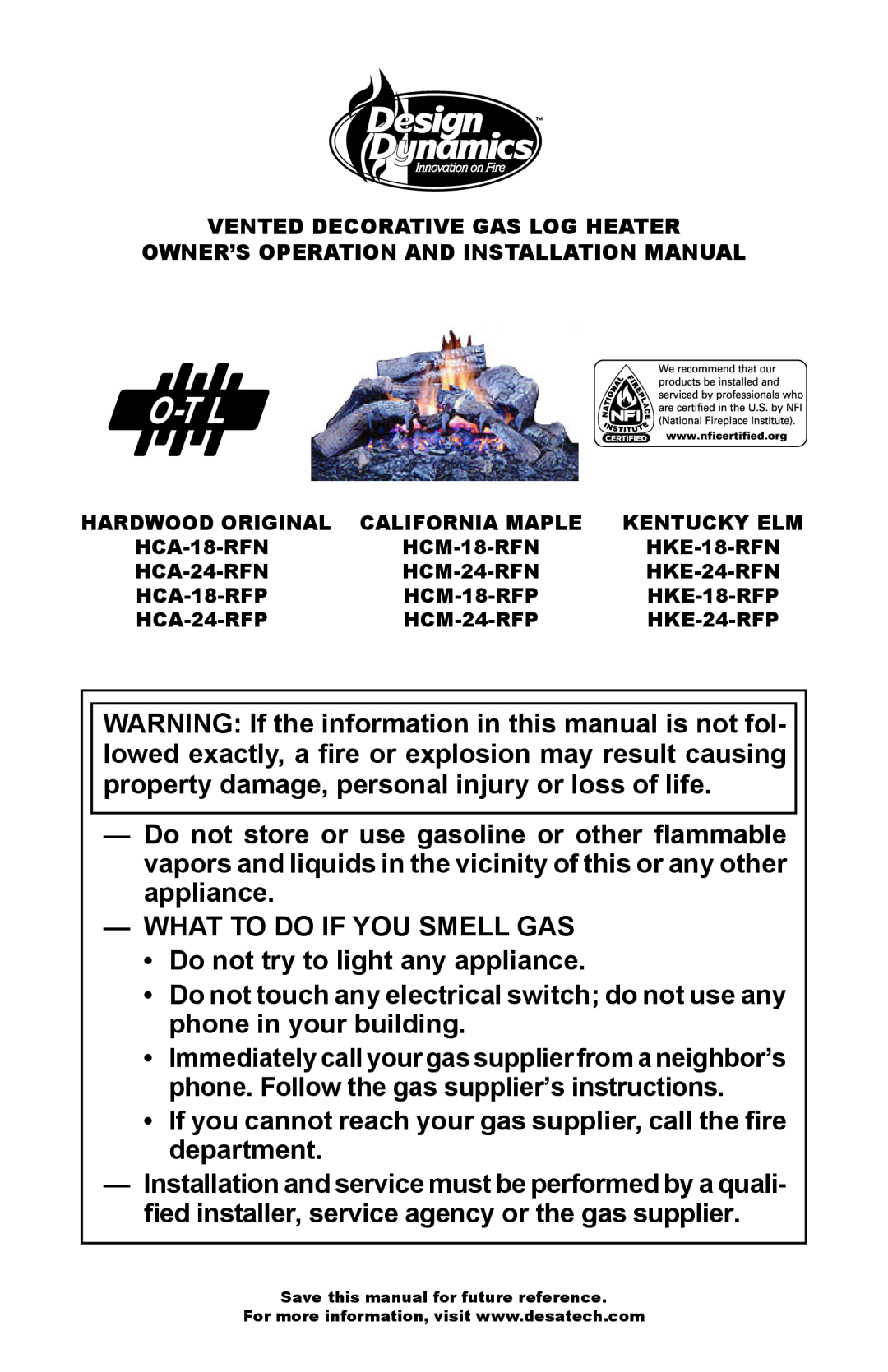 Design Dynamics HKE-24-RFN, HKE-24-RFP, HCM-18-RFN, HKE-18-RFN, HCM-24-RFP installation manual What To Do If You Smell Gas 