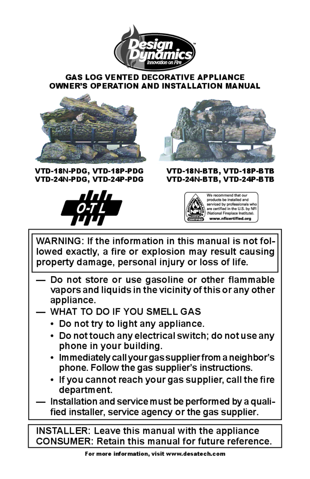 Design Dynamics VTD-18N-PDG installation manual What to do if YOU Smell GAS 