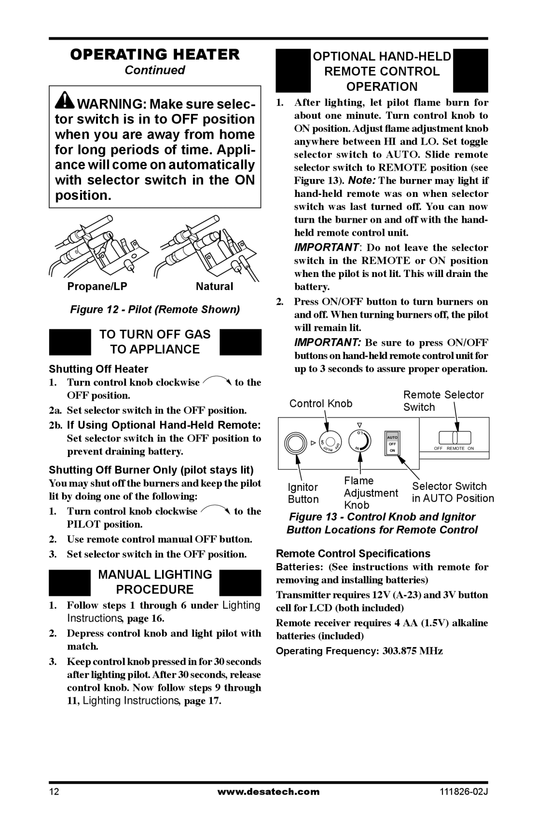 Design Dynamics VTD-18N-PDG To Turn OFF GAS To Appliance, Manual Lighting Procedure, Optional Hand-held Remote control 