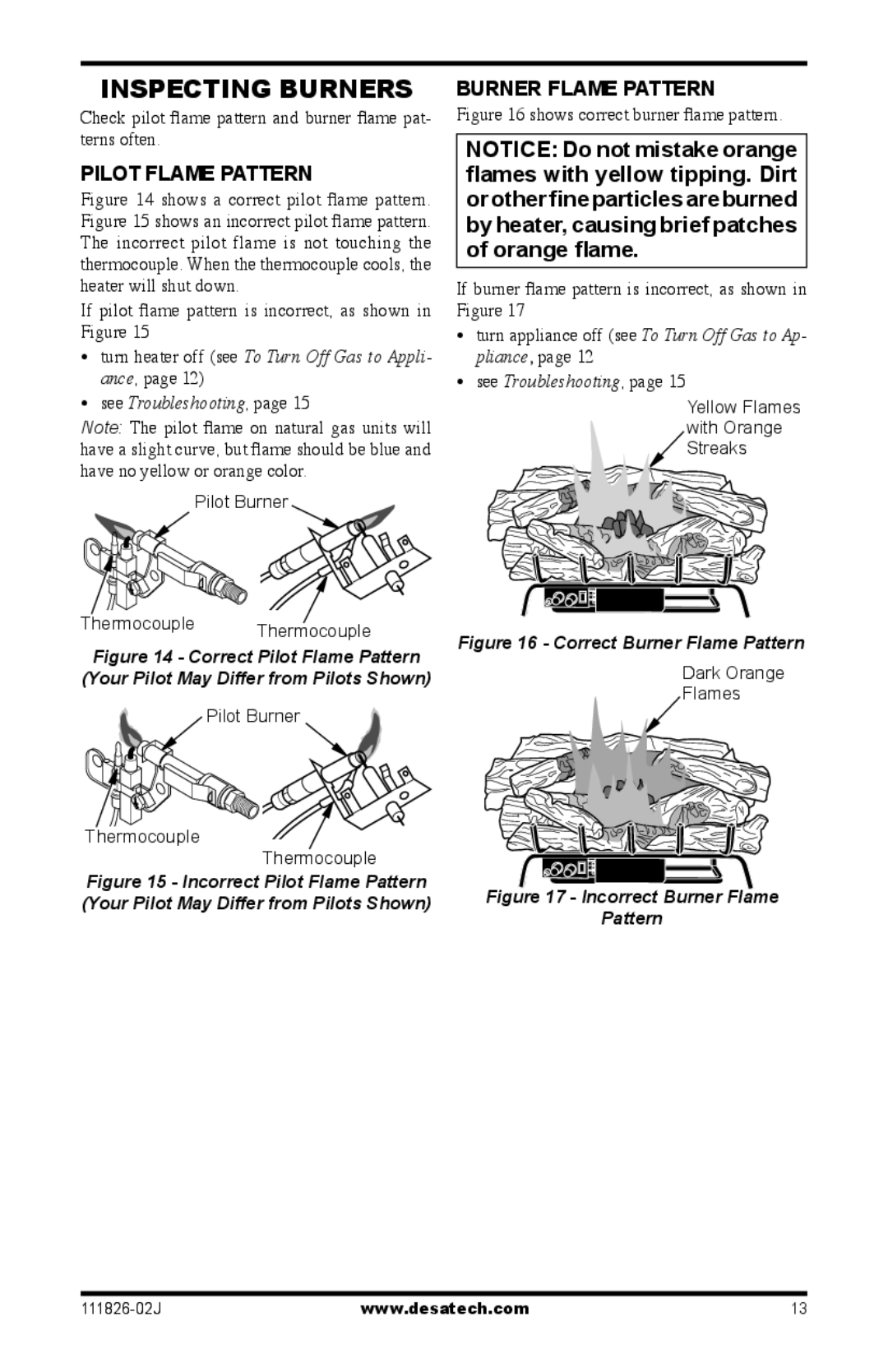 Design Dynamics VTD-18N-PDG installation manual Inspecting Burners, Pilot Flame Pattern, Burner Flame Pattern 