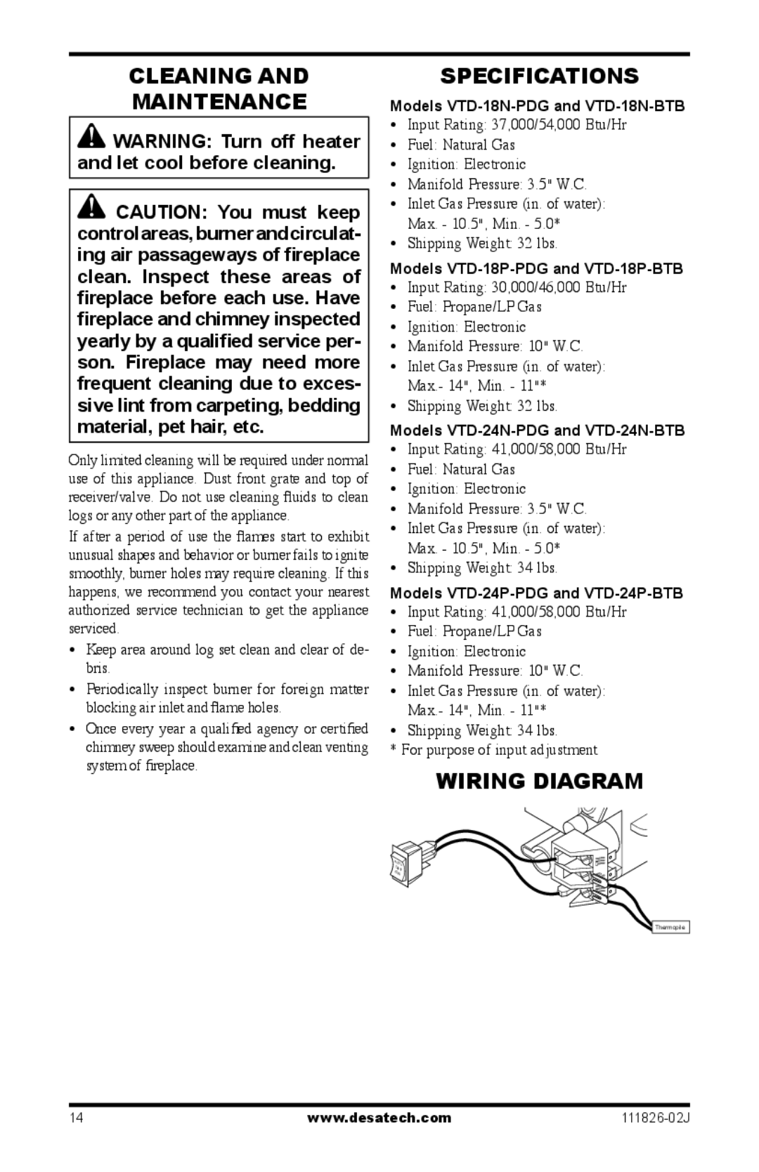 Design Dynamics VTD-18N-PDG installation manual Cleaning Maintenance, Specifications, Wiring Diagram 