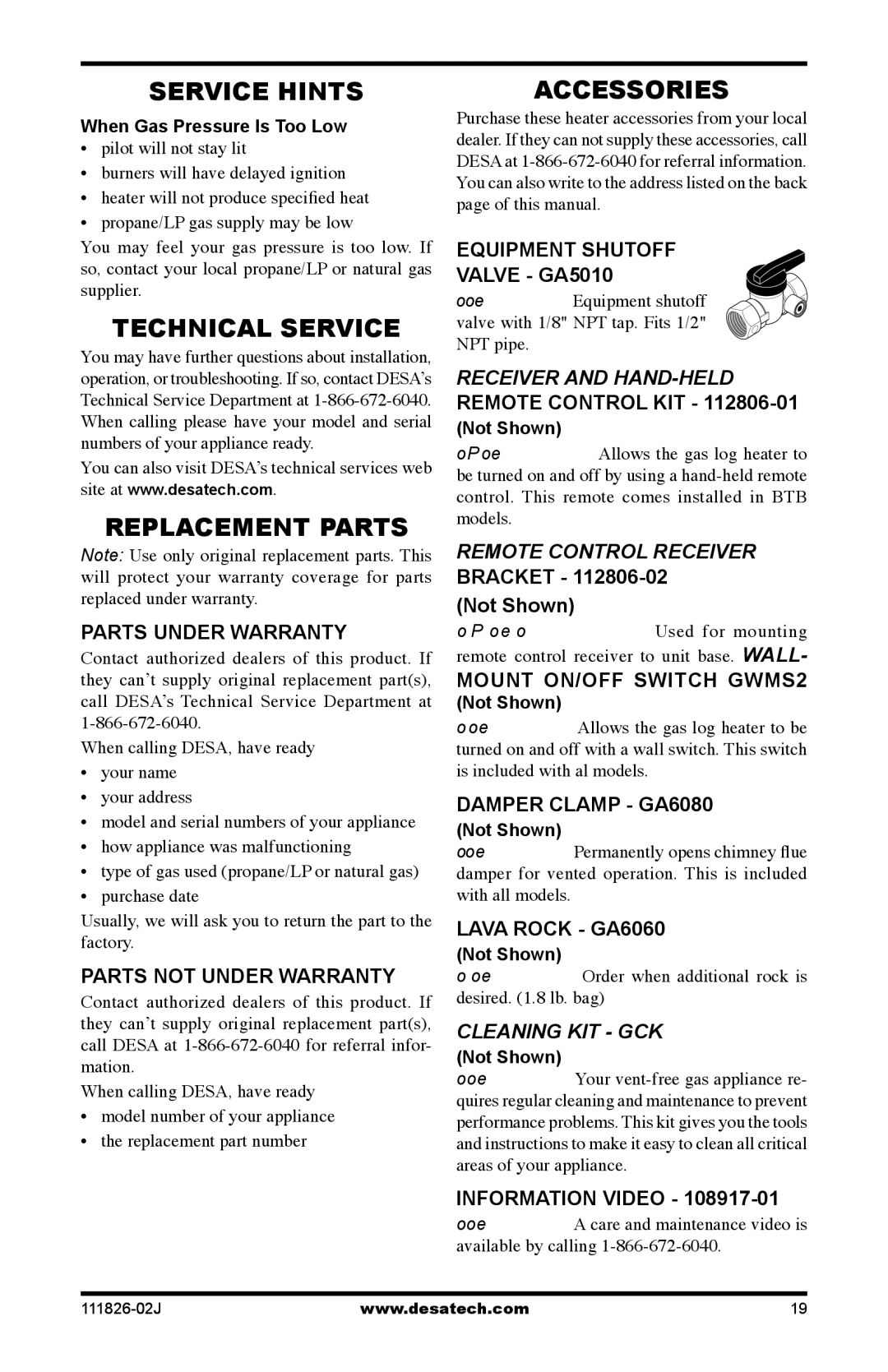 Design Dynamics VTD-18N-PDG installation manual Service Hints, Technical Service, Replacement Parts, Accessories 