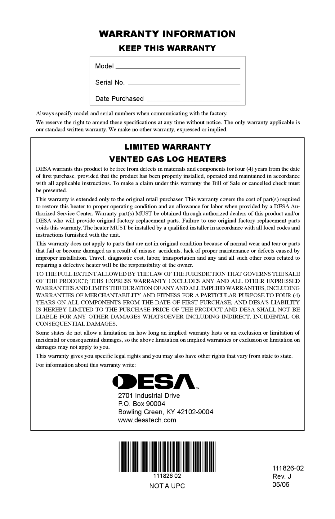 Design Dynamics VTD-18N-PDG Warranty Information, Keep this Warranty, Limited Warranty Vented GAS LOG Heaters 