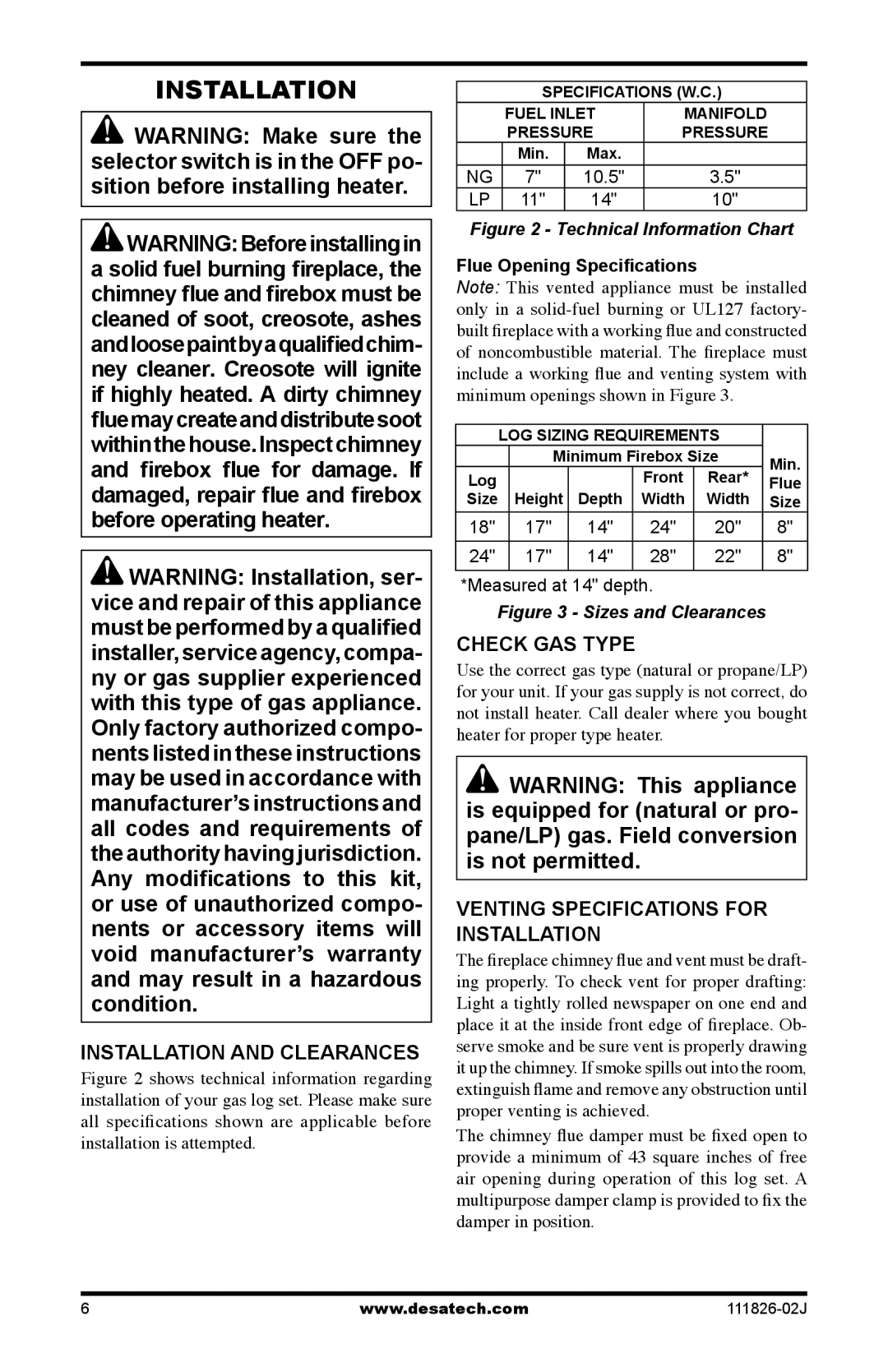 Design Dynamics VTD-18N-PDG Installation and Clearances, Check GAS Type, Venting specifications for installation 