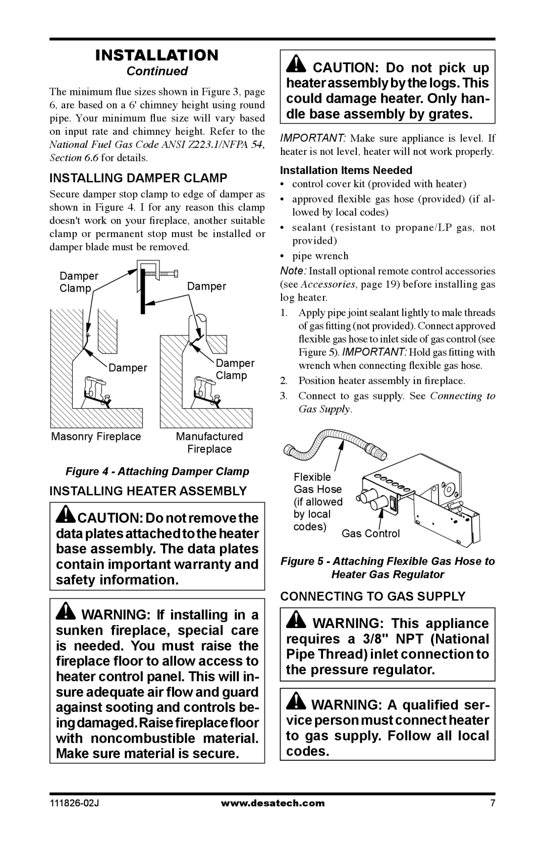 Design Dynamics VTD-18N-PDG Installing Damper Clamp, Installing Heater Assembly, Connecting to gas supply 