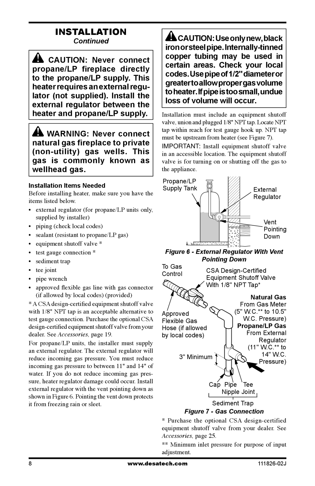 Design Dynamics VTD-18N-PDG installation manual Installation, Natural Gas, Propane/LP Gas 