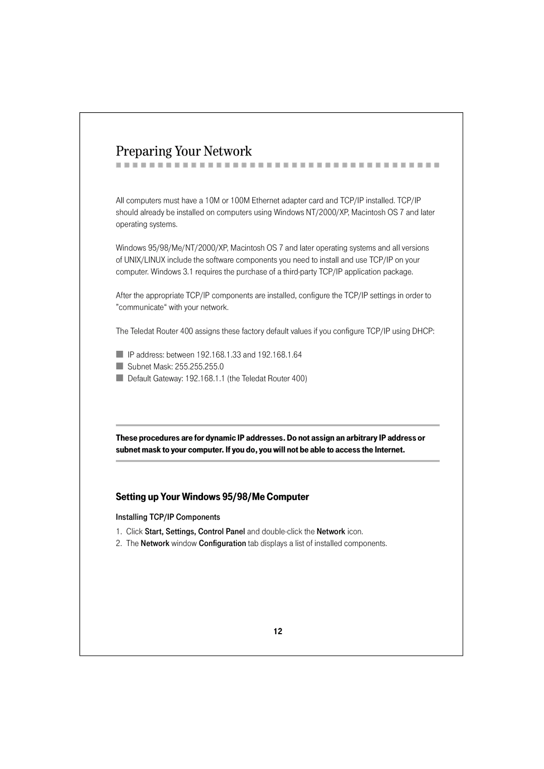 Deutsche Telekom 400 quick start Preparing Your Network, Setting up Your Windows 95/98/Me Computer 