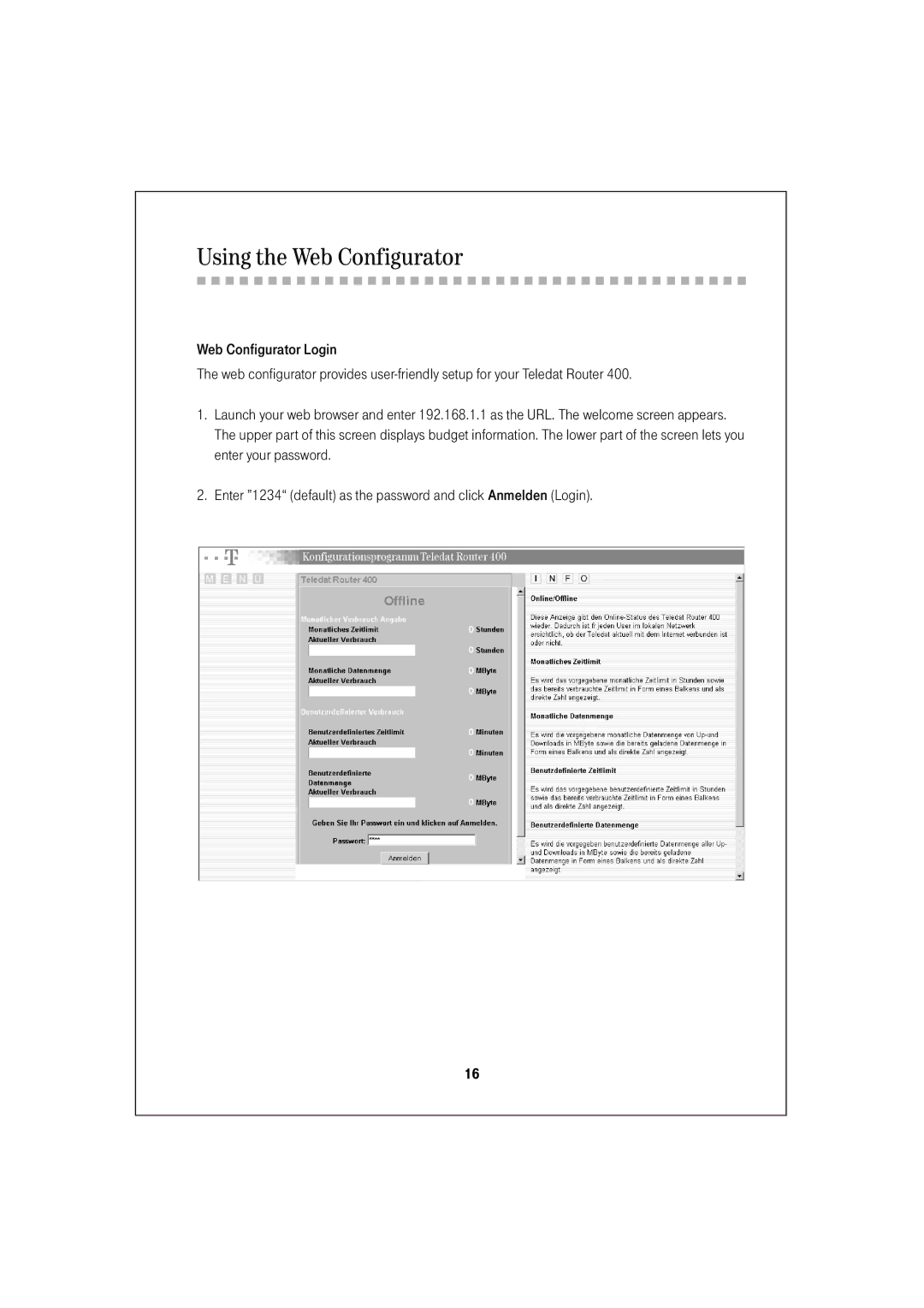 Deutsche Telekom 400 quick start Using the Web Configurator 