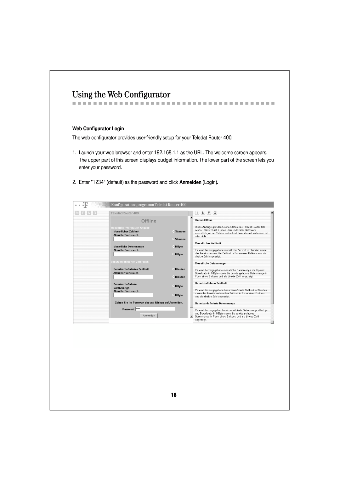 Deutsche Telekom 400 quick start Using the Web Configurator, Web Configurator Login 
