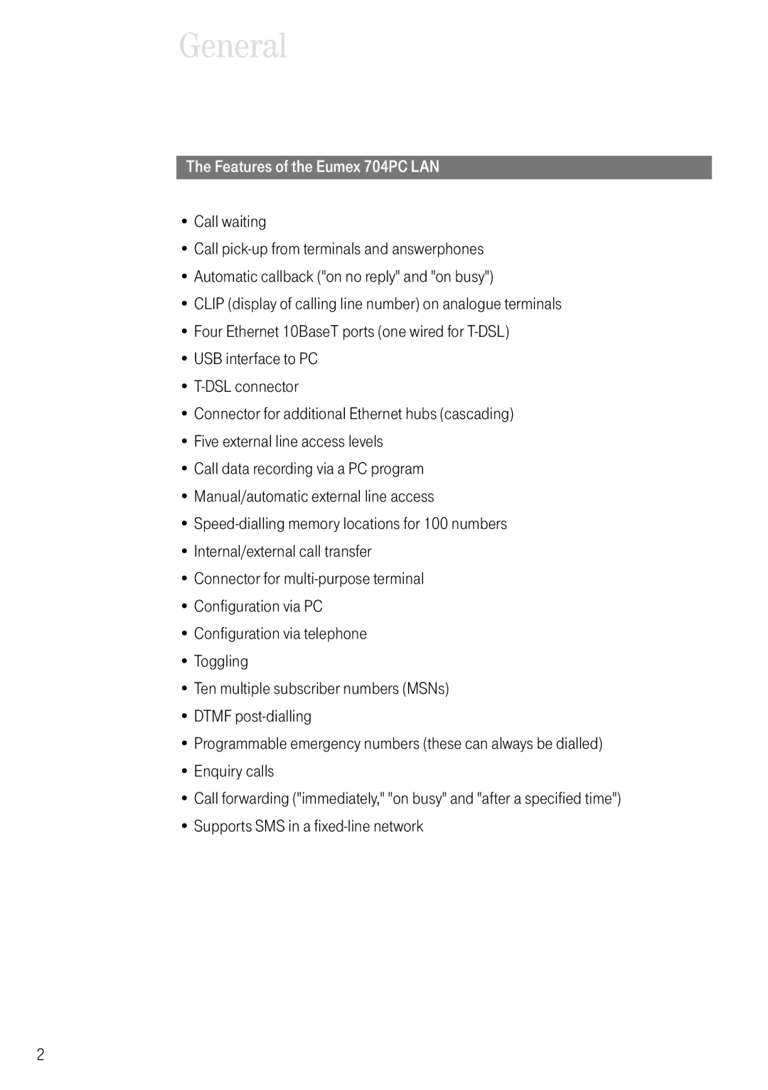 Deutsche Telekom manual General, Features of the Eumex 704PC LAN 