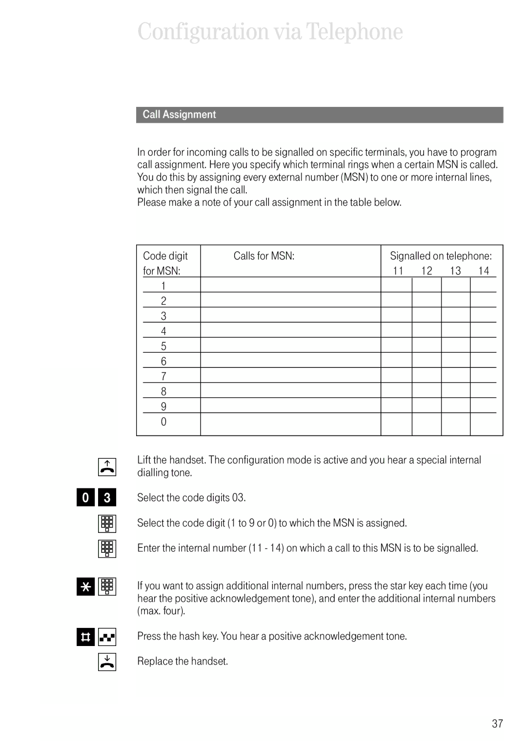 Deutsche Telekom 704PC manual T t, Call Assignment, For MSN 11 12 13 