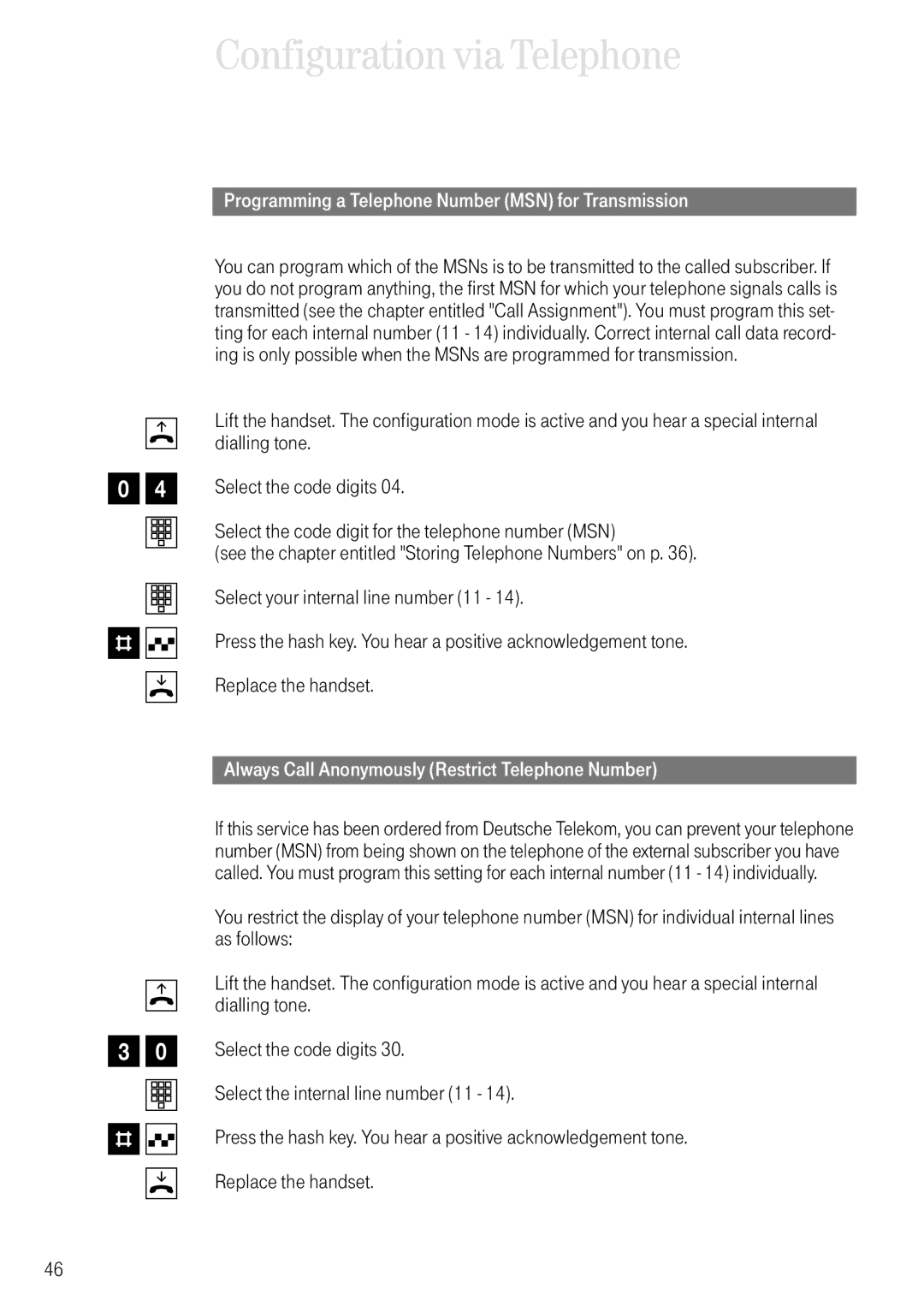 Deutsche Telekom 704PC manual 30 t # q d, Programming a Telephone Number MSN for Transmission 