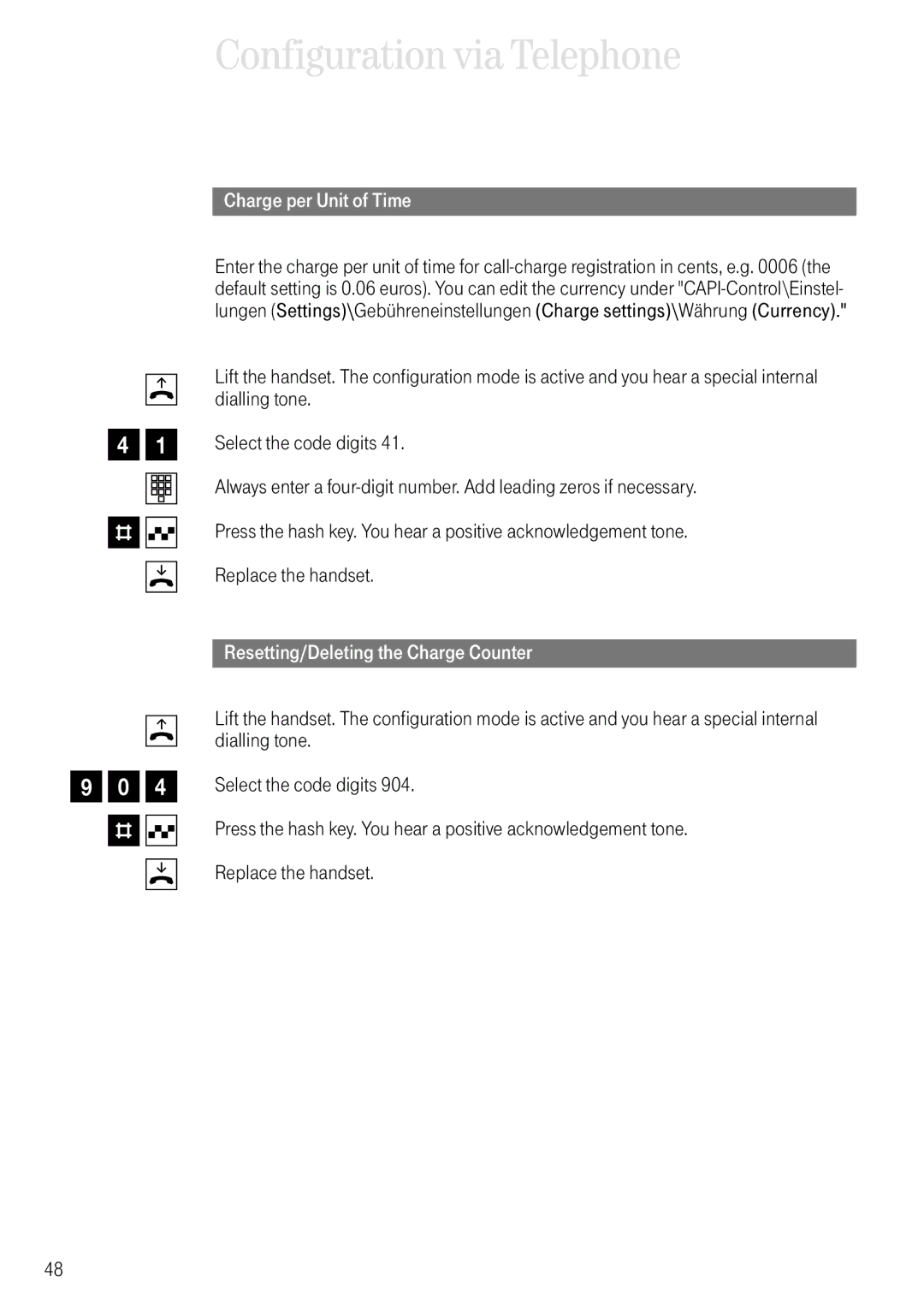 Deutsche Telekom 704PC manual 41 t # q d, 904 # q d, Charge per Unit of Time, Resetting/Deleting the Charge Counter 