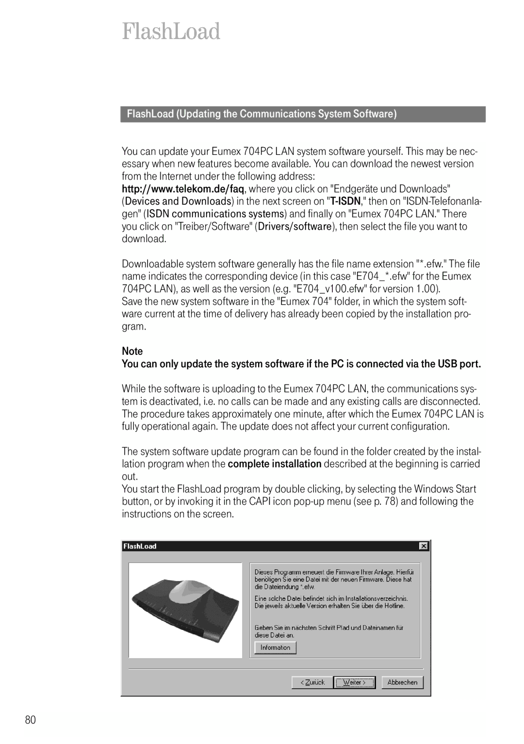 Deutsche Telekom 704PC manual FlashLoad Updating the Communications System Software 