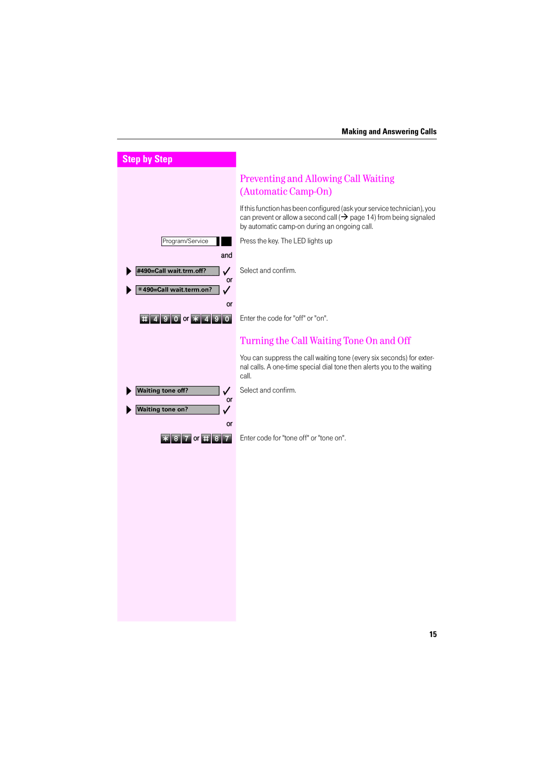 Deutsche Telekom F600 Preventing and Allowing Call Waiting Automatic Camp-On, Turning the Call Waiting Tone On and Off 