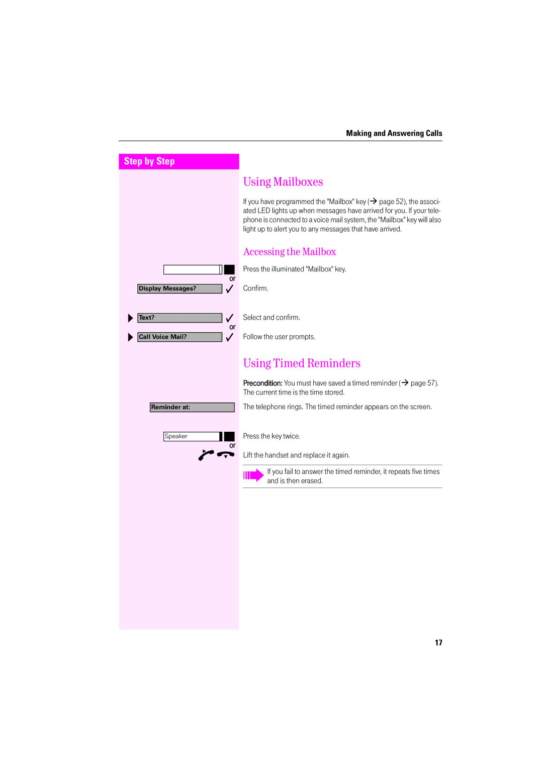 Deutsche Telekom F200, F600, F400 operating instructions Using Mailboxes, Using Timed Reminders, Accessing the Mailbox 