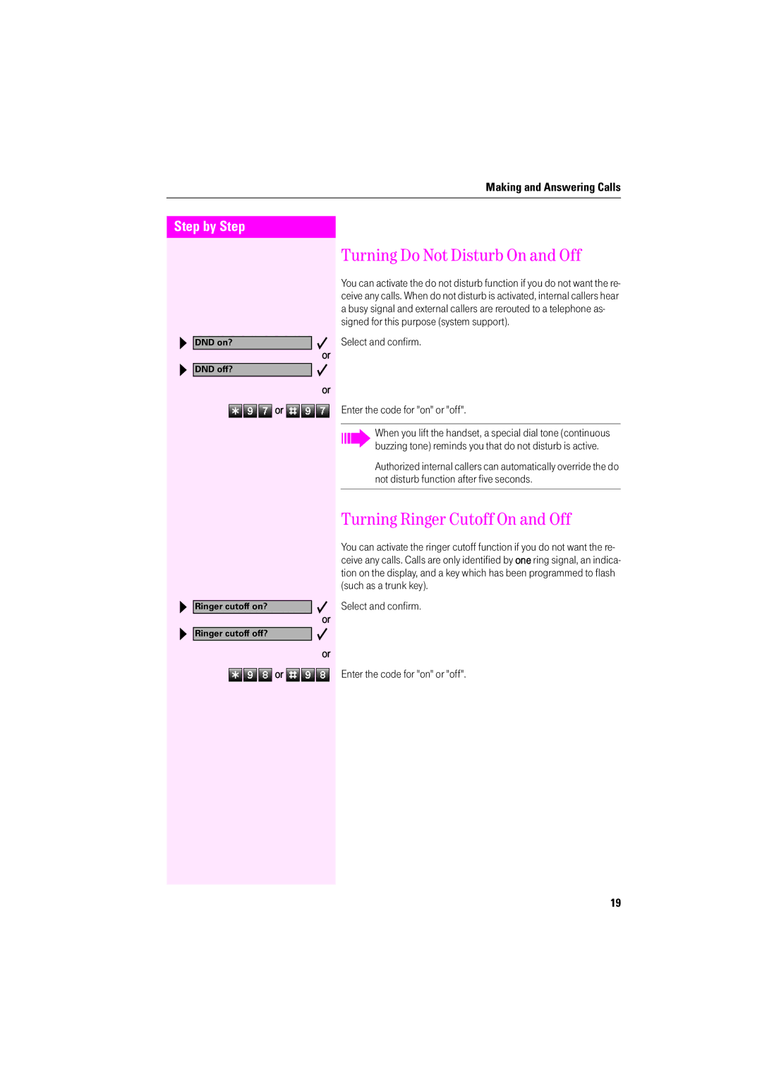 Deutsche Telekom F400, F600, F200 operating instructions Turning Do Not Disturb On and Off, Turning Ringer Cutoff On and Off 