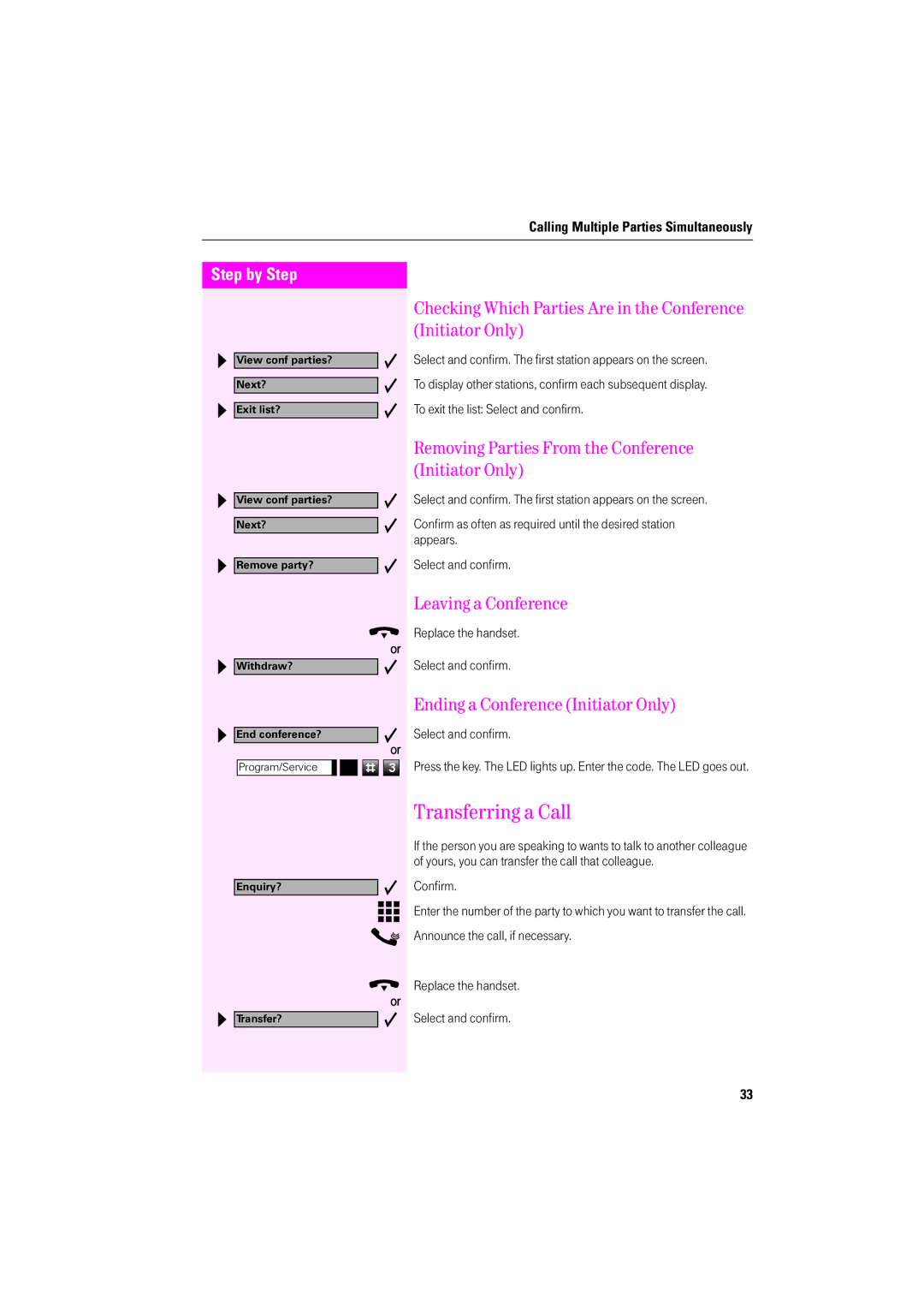 Deutsche Telekom F600, F400, F200 Transferring a Call, Checking Which Parties Are in the Conference Initiator Only 