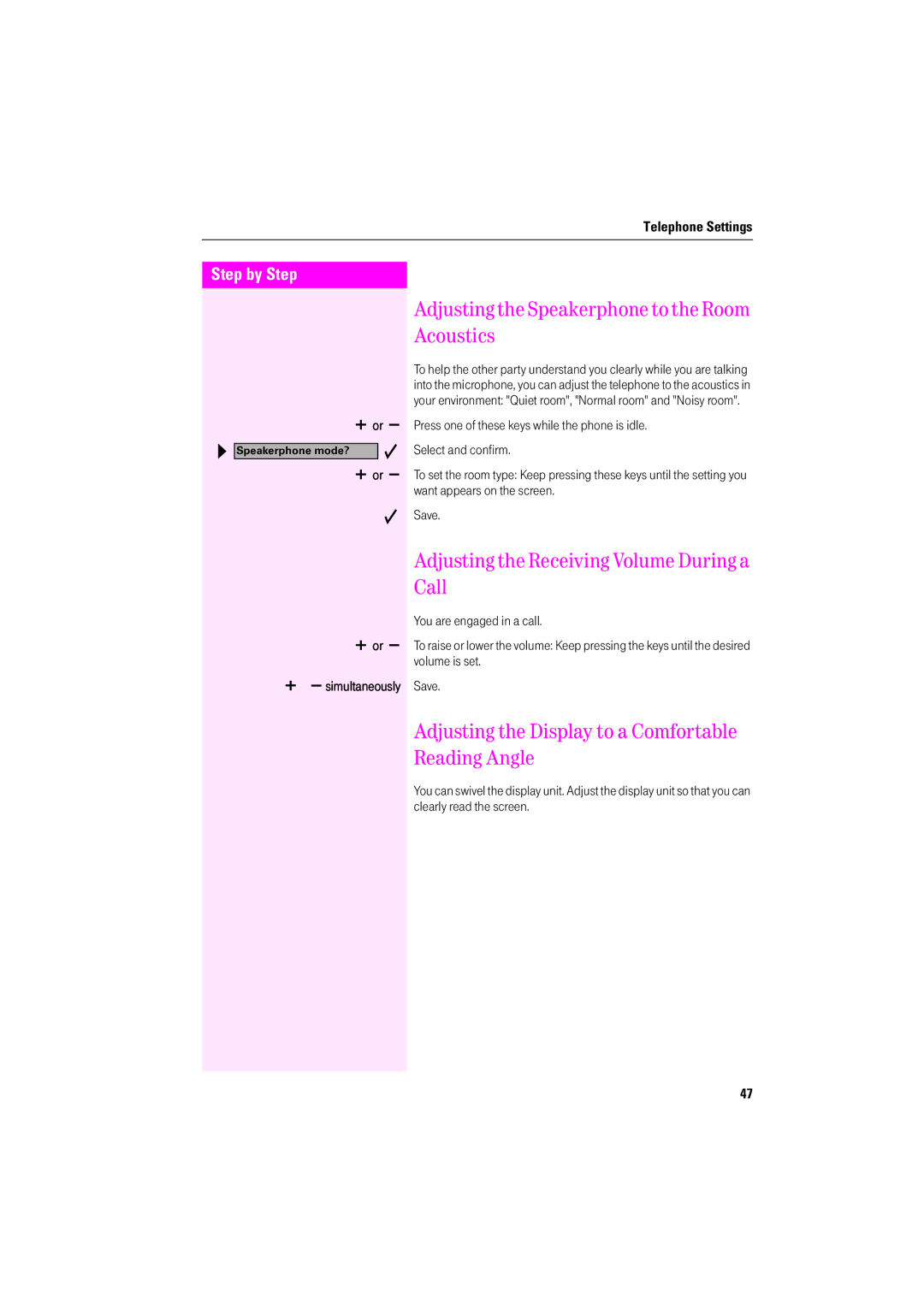 Deutsche Telekom F200, F600, F400 operating instructions Acoustics, Call, Reading Angle 