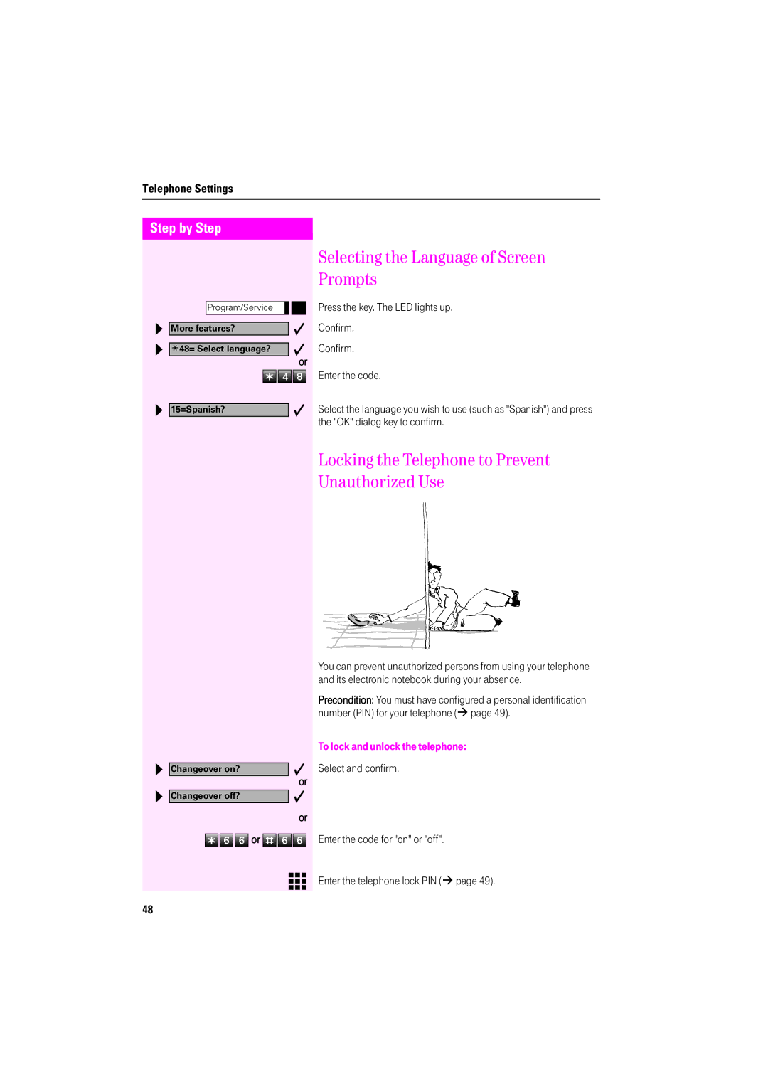 Deutsche Telekom F600, F400 Selecting the Language of Screen Prompts, Locking the Telephone to Prevent Unauthorized Use 