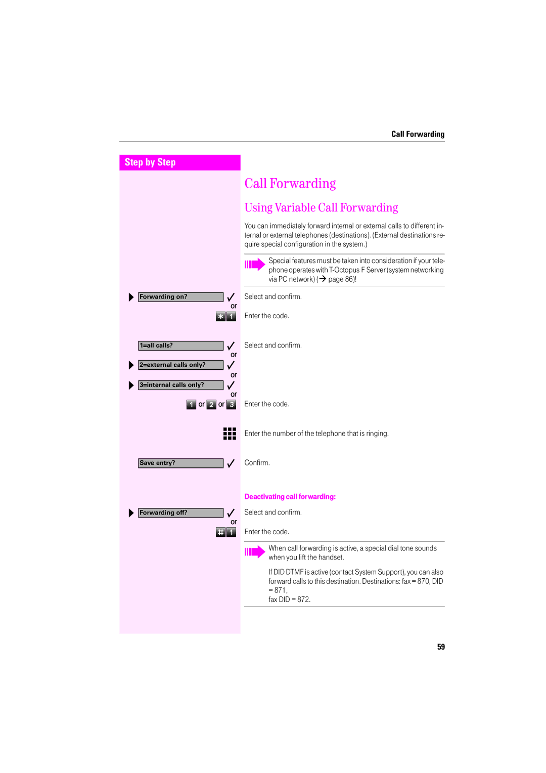 Deutsche Telekom F200 Using Variable Call Forwarding, Select and confirm Enter the code, Deactivating call forwarding 