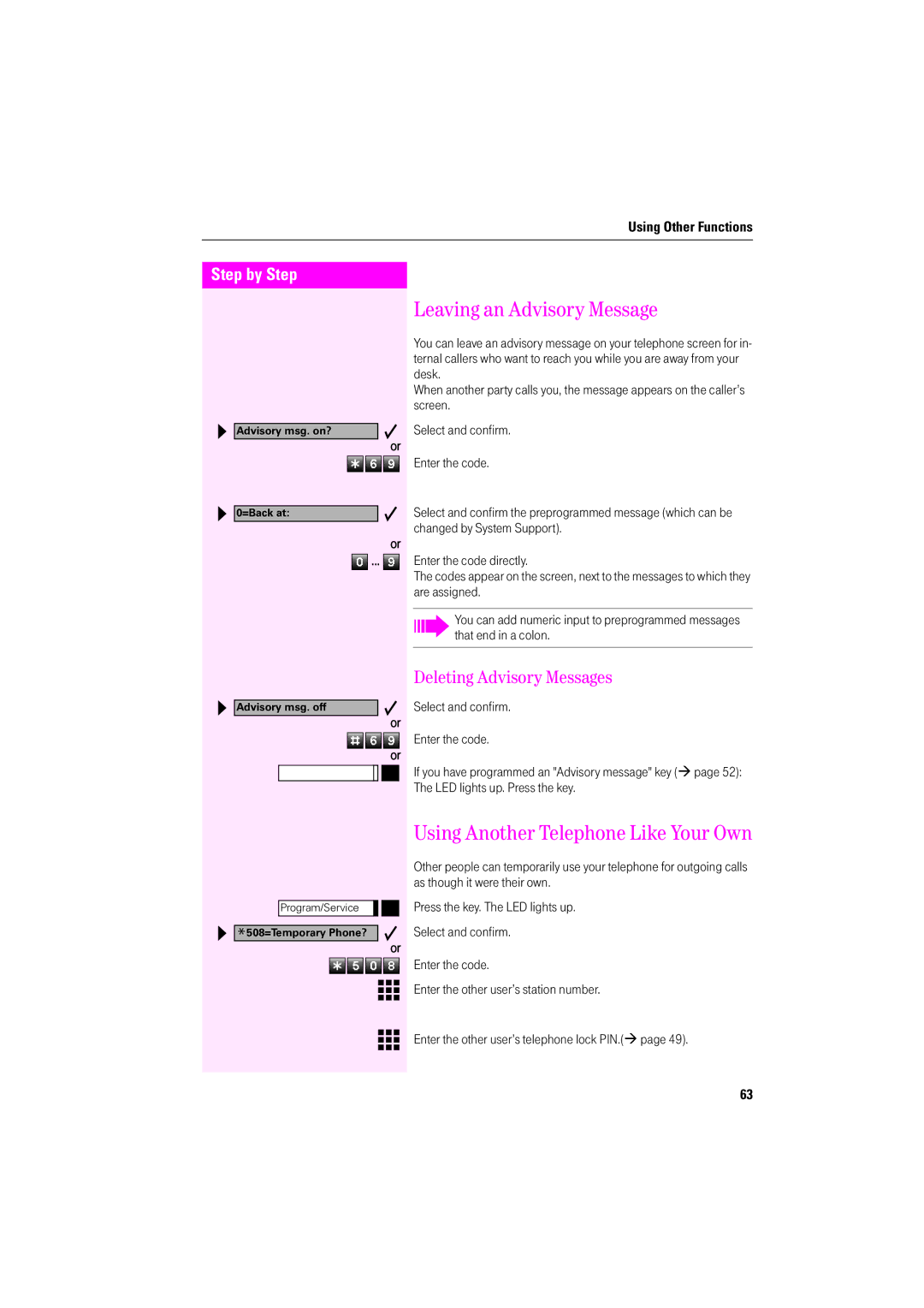 Deutsche Telekom F600, F400, F200 operating instructions Leaving an Advisory Message, Deleting Advisory Messages 