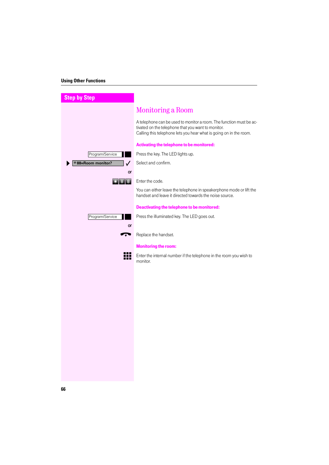 Deutsche Telekom F600, F400, F200 Monitoring a Room, Activating the telephone to be monitored, Monitoring the room 