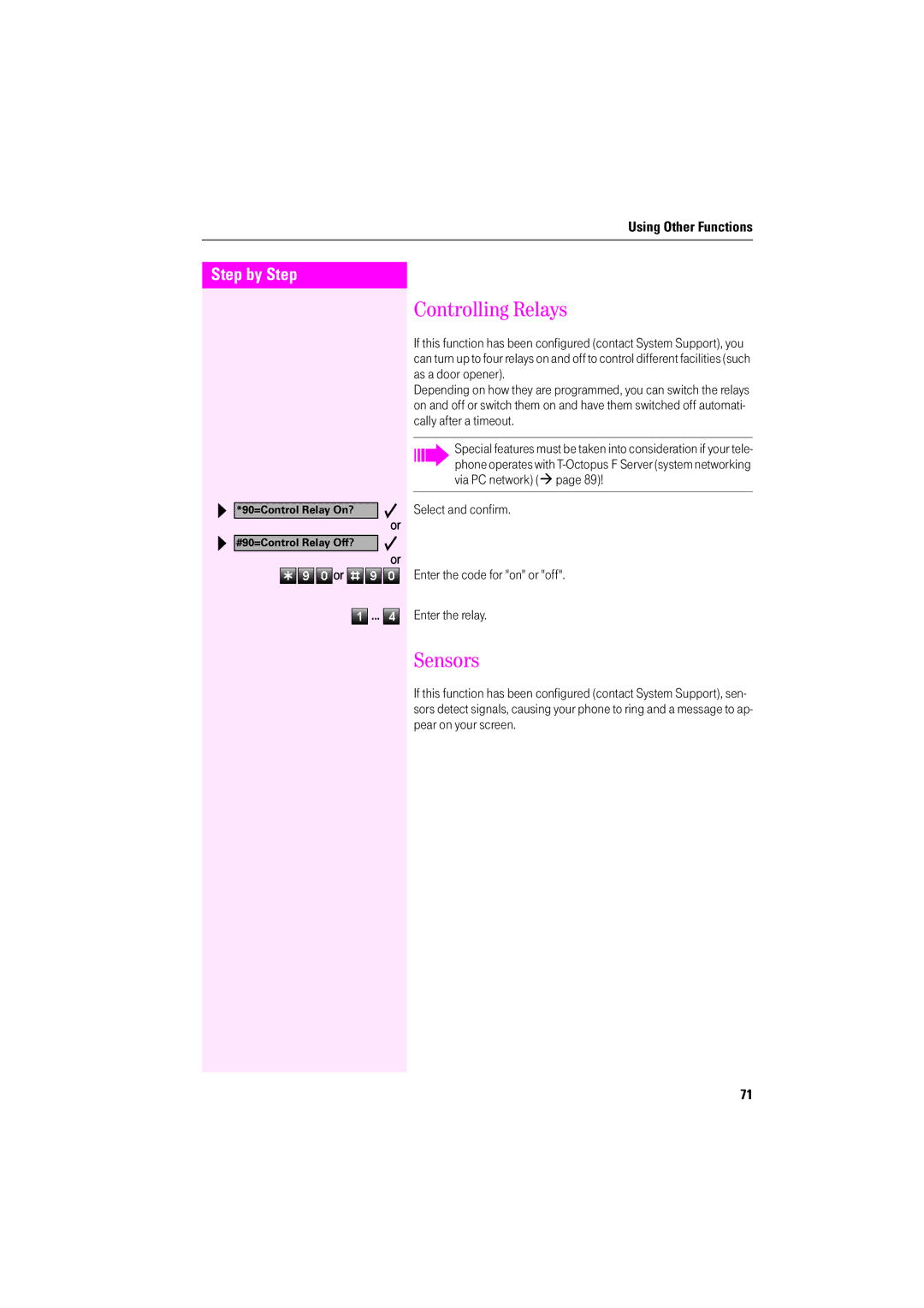 Deutsche Telekom F200, F600, F400 operating instructions Controlling Relays, Sensors 