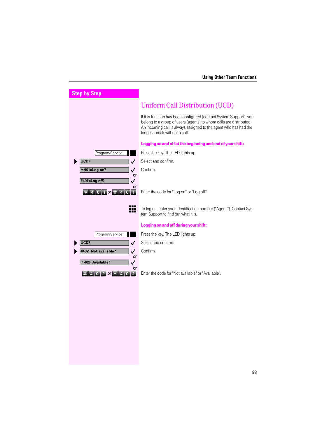 Deutsche Telekom F200, F600, F400 Uniform Call Distribution UCD, Logging on and off at the beginning and end of your shift 