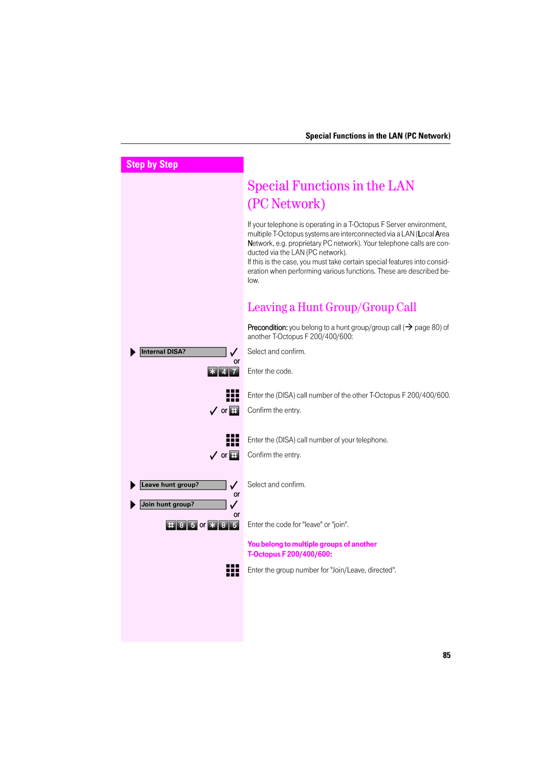 Deutsche Telekom F400, F600, F200 Special Functions in the LAN PC Network, Leaving a Hunt Group/Group Call 